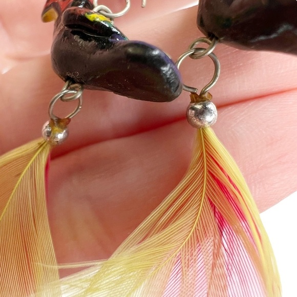 Toucan Tropical Bird & Feather Wooden Pierced Earrings - Picture 2 of 6